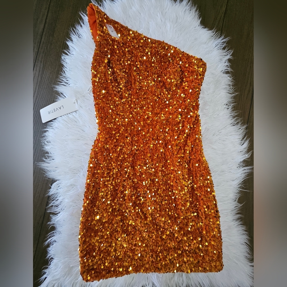 Lavish One Shoulder Sequin Dress - Orange